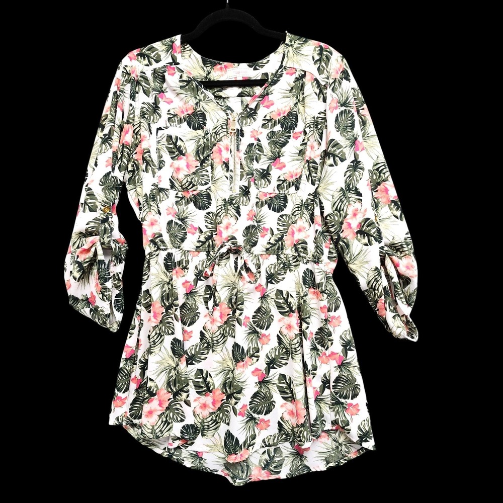 Stella Tweed Mini Dress Womens Large Green Floral Pockets Zipper Vacation Travel